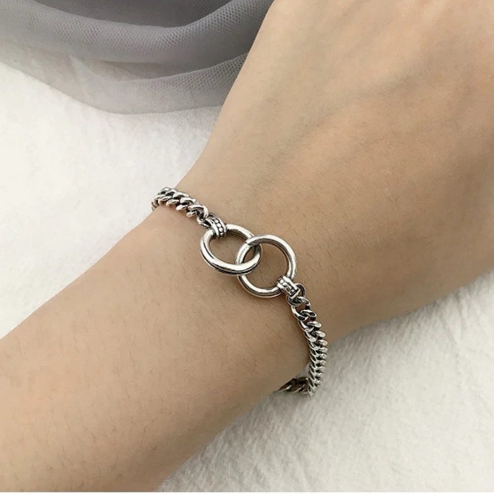 *925 Sterling Silver Double Circle Chain Bracelet - Picture 1 of 8
